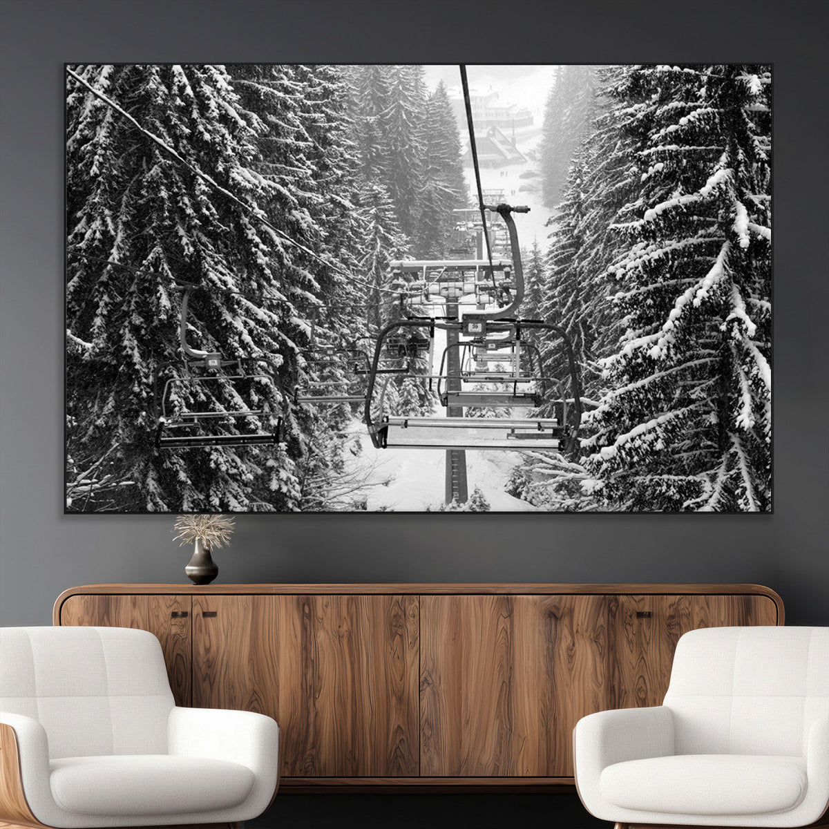 Winter Ski Lift Black and White Canvas Wall Art – Alpine