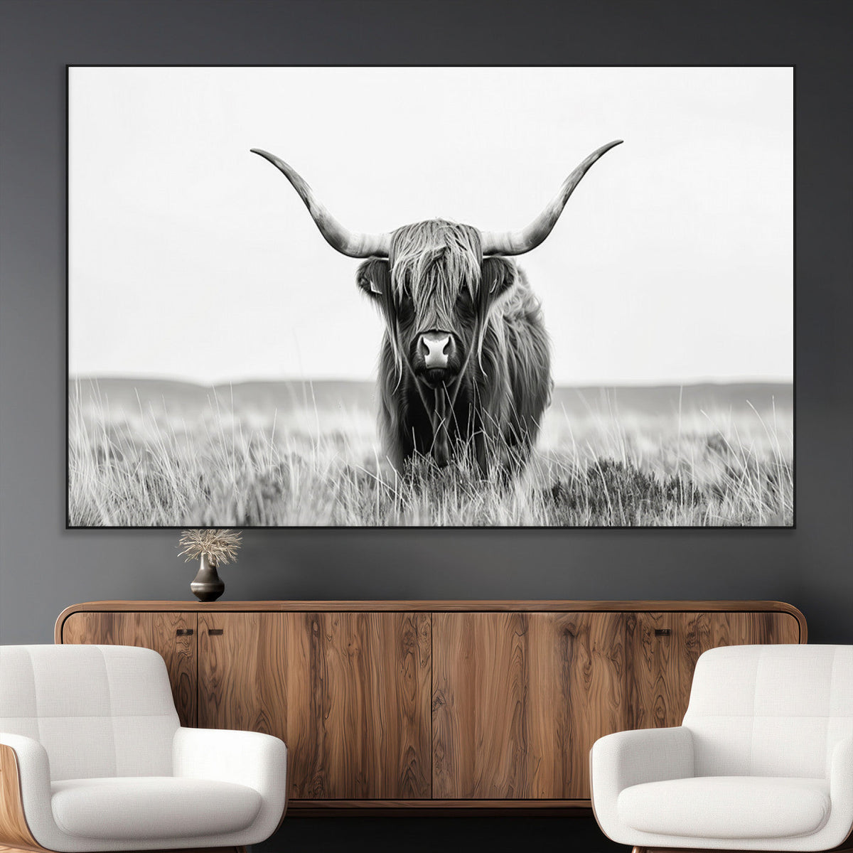 Highland Cow Canvas Wall Art – Majestic Beauty in Black and