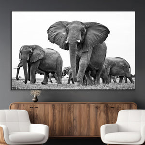 Black White Elephant Family Wall Art Canvas Print