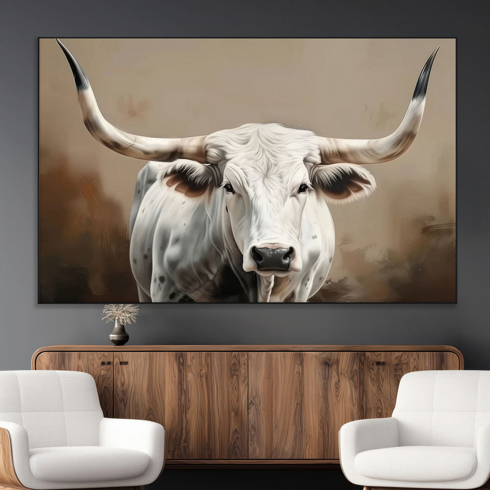 White Longhorn Bull Wall Art Canvas Print – Framed and Ready