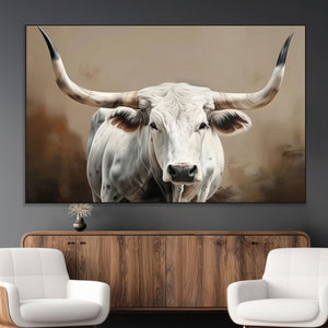 White Longhorn Bull Wall Art Canvas Print – Framed and Ready