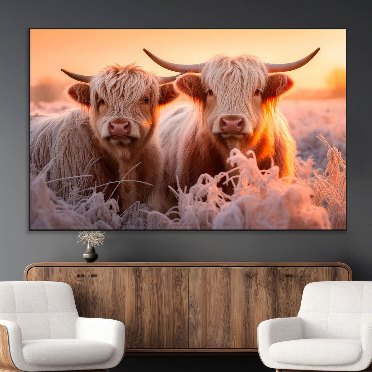 Highland Cows at Sunrise Wall Art Canvas Set – Serene and