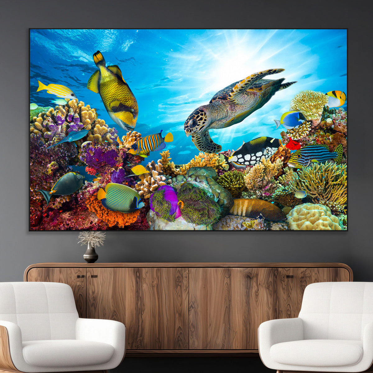 Colorful Coral Reef and Sea Life Turtle Canvas Print,
