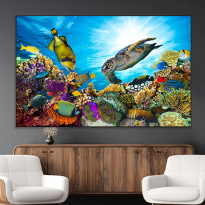 Colorful Coral Reef and Sea Life Turtle Canvas Print,