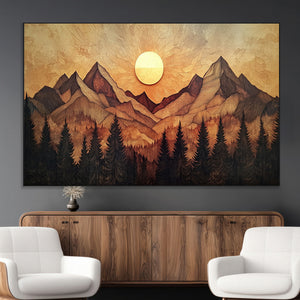 Wood Style Abstract Mountain Sunset Canvas Wall Art Print -