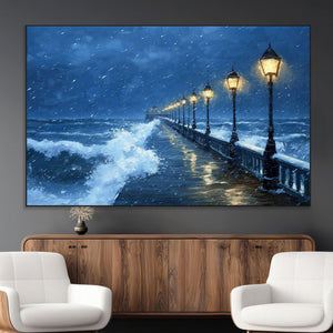 Stormy Ocean Pier Lights Canvas Wall Art Print - Large Moody
