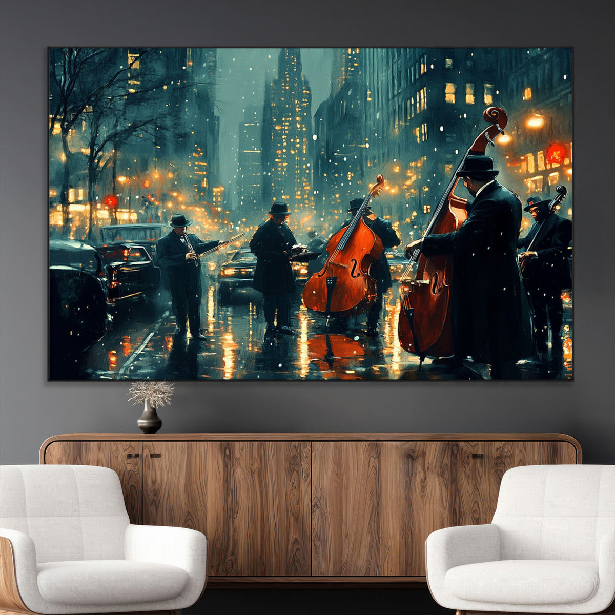 Urban Night Jazz Wall Art Canvas Print – Moody Rain-Soaked