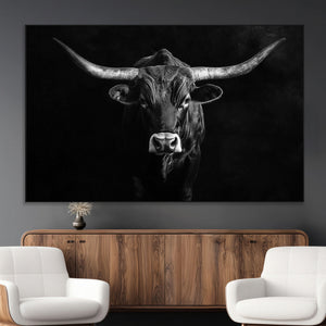 Texas Longhorn Wall Art Canvas Print – Framed Monochrome