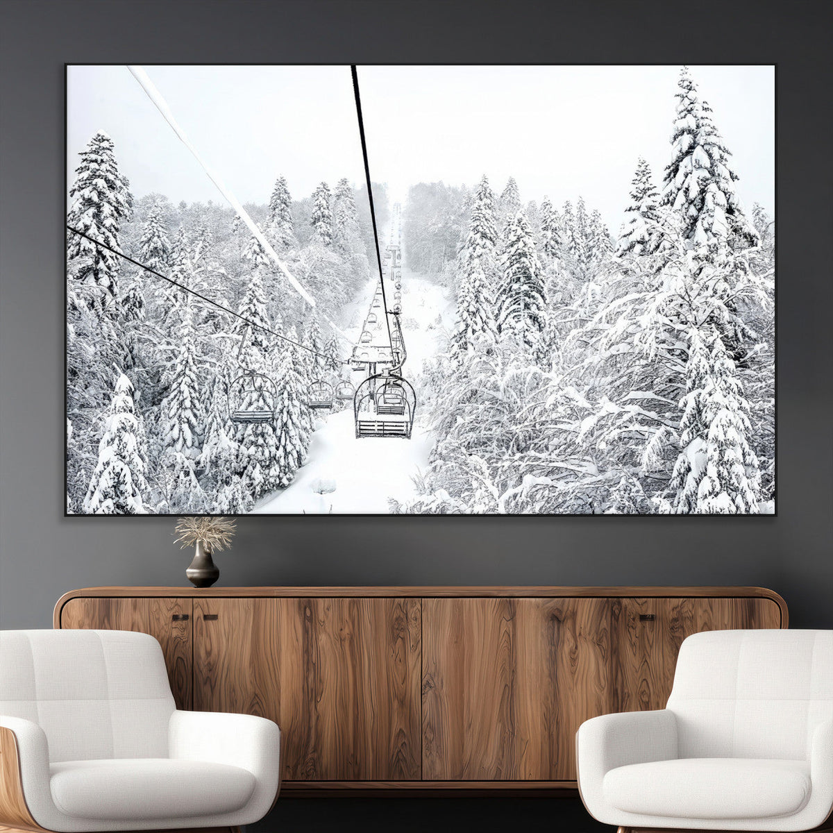Snowy Ski Lift Wall Art – Framed Winter Mountain Canvas