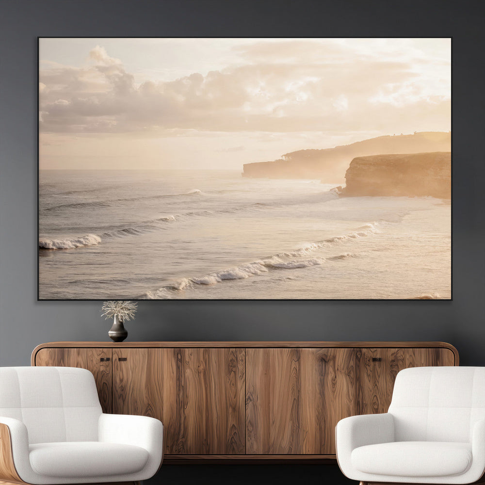 Misty Coastal Wall Art Canvas Print – Framed Golden Sunset
