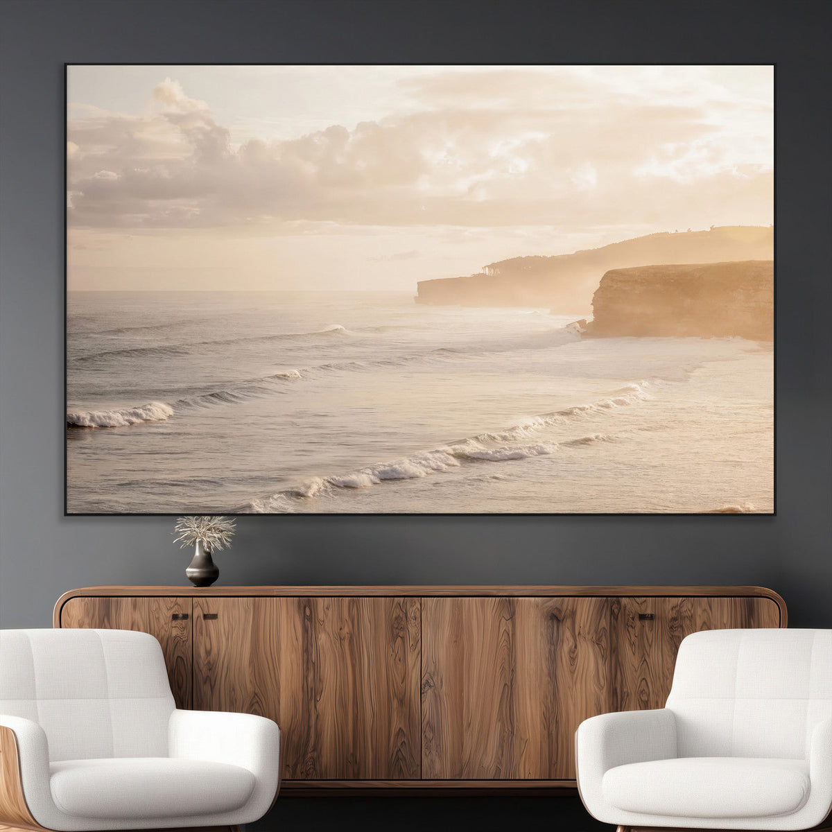 Misty Coastal Wall Art Canvas Print – Framed Golden Sunset