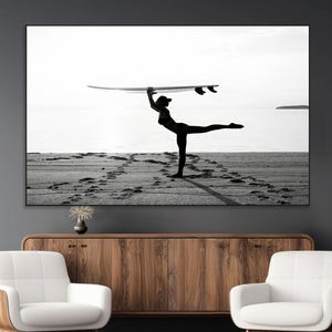 Yoga Surf Wall Art Canvas Print – Framed Black White Shore