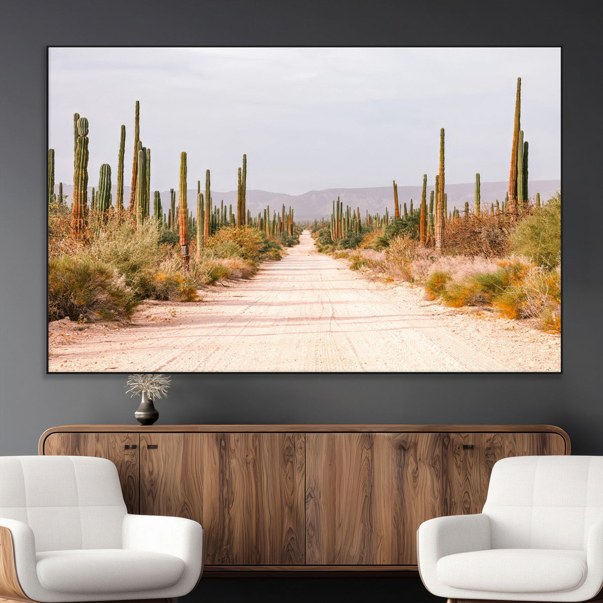 Desert Cactus Lined Road Wall Art Canvas Print – Framed