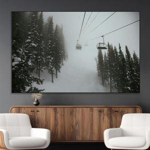 Ski Lift Wall Art Canvas Print – Snowy Pines Misty Landscape