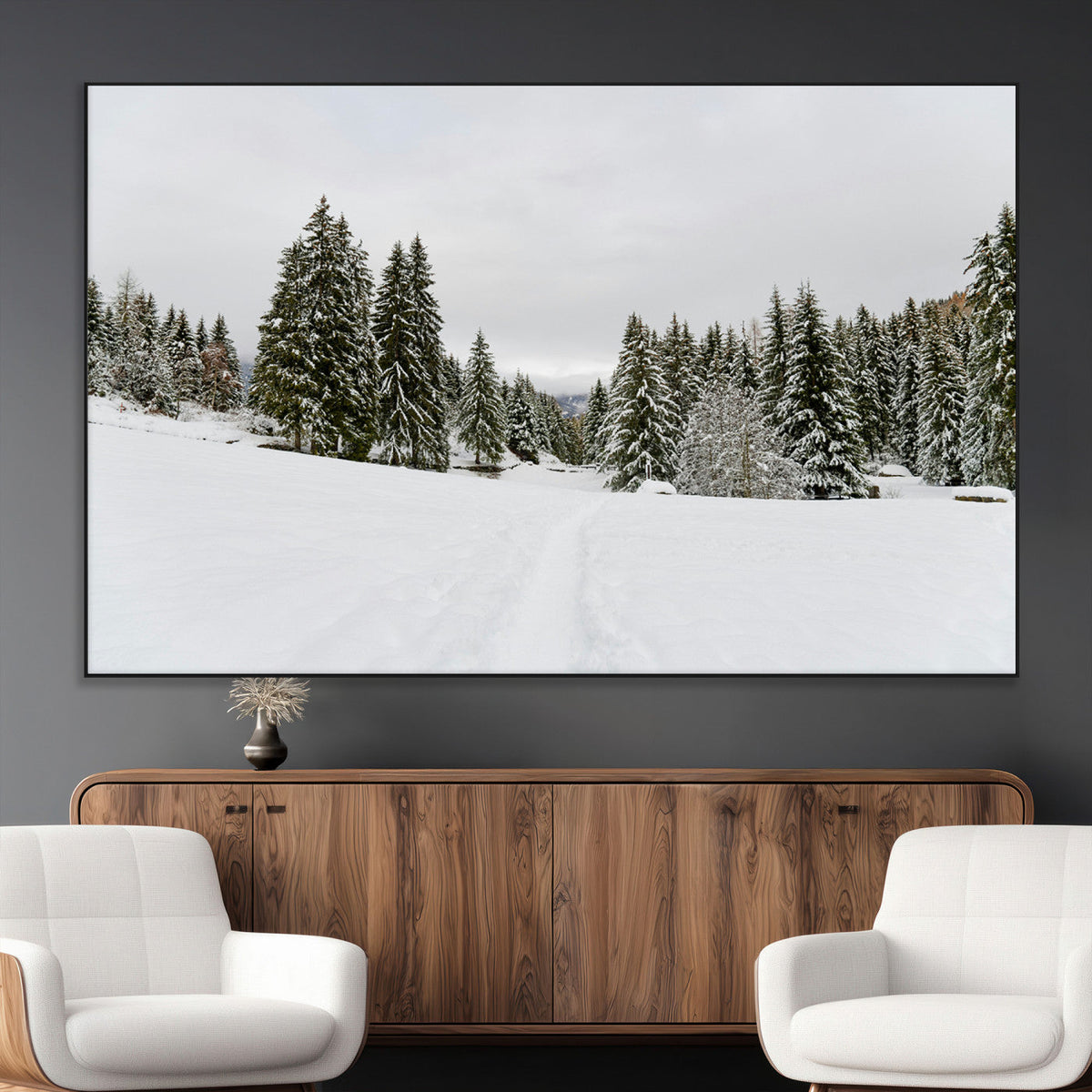 Frosty Pines Wall Art Canvas Print – Framed Silent Snowfall