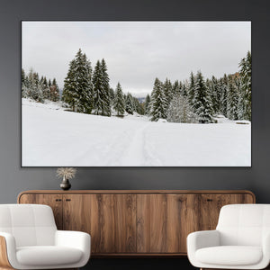Frosty Pines Wall Art Canvas Print – Framed Silent Snowfall