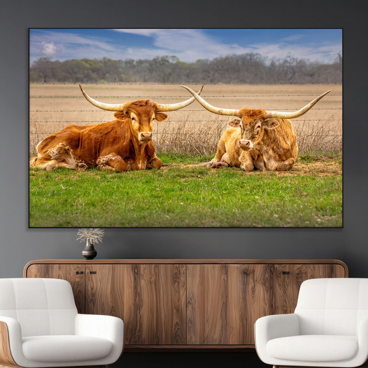 Texas Longhorn Pair Wall Art Canvas Print – Peaceful Rustic