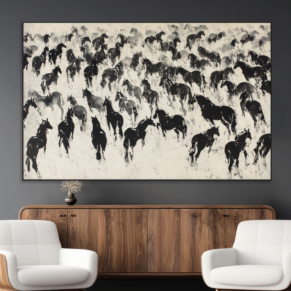 Wild Horse Stampede Wall Art Canvas Print – Monochrome