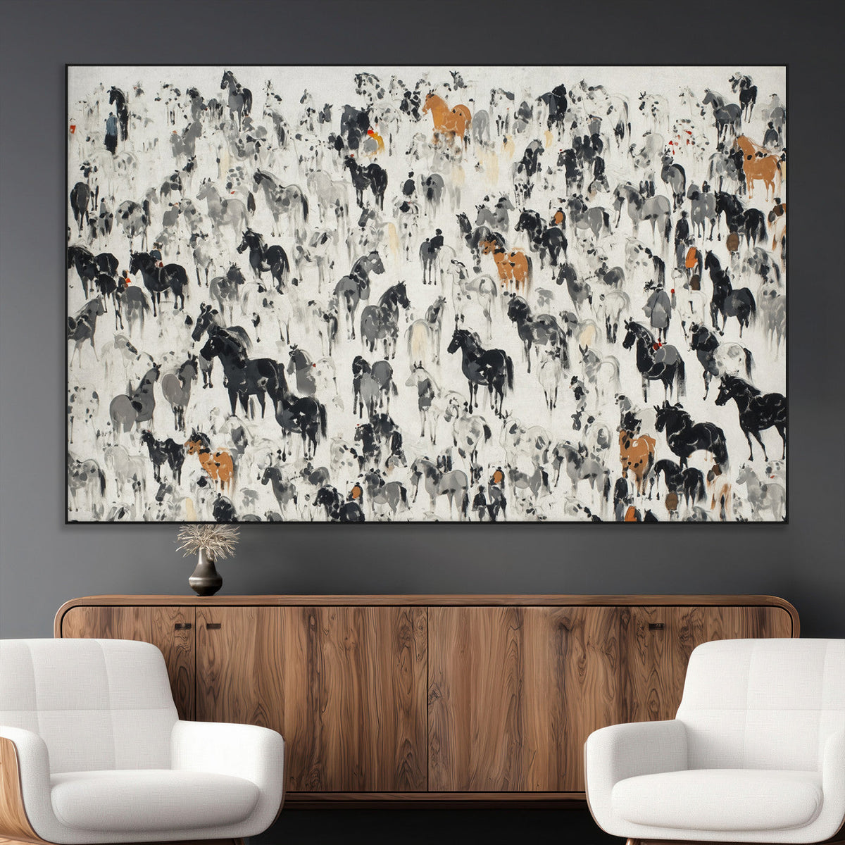 Wild Horse Stampede Wall Art Canvas Print – Monochrome