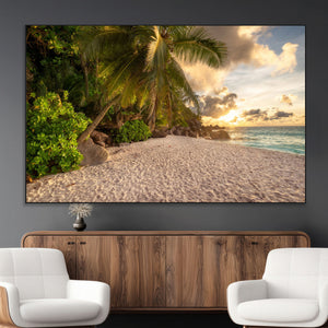 Tropical beach sunset, palm trees, white sand, ocean waves,
