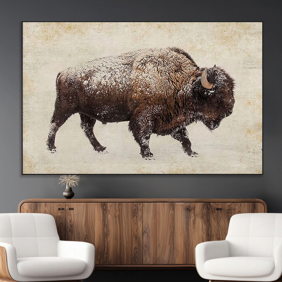 Snow-dusted bison silhouette textured vintage style rugged