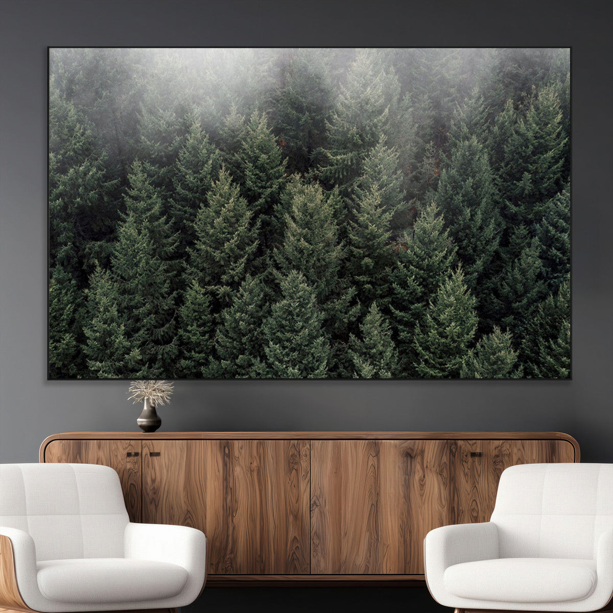Dense Evergreen Forest Misty Morning Fog Pine Trees Woodland
