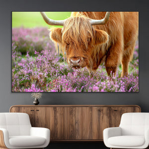 Highland Cow Wall Art Canvas Print – Framed Purple Flowers