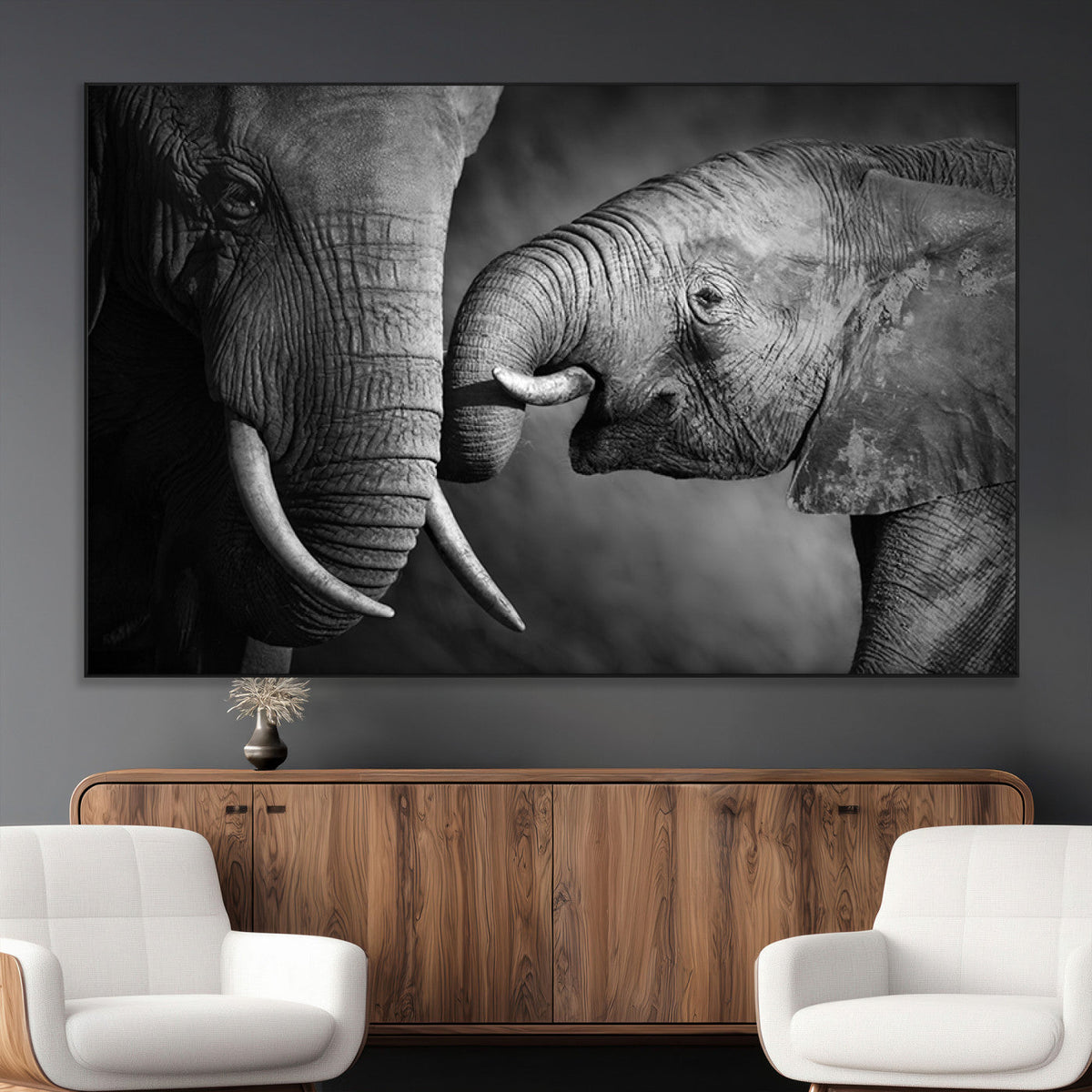 Elephant Family Wall Art Canvas, Framed Elephant Family