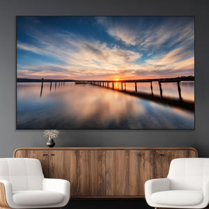 Wooden Pier on Seascape and Sunset Wall Art Canvas Print