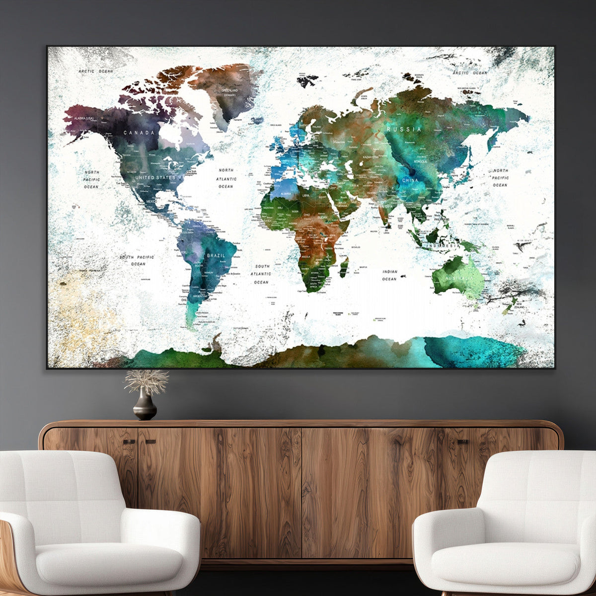 Modern Watercolor World Map Canvas Wall Art – Framed