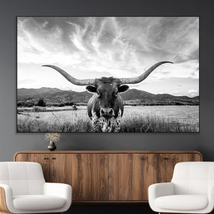 Longhorn Black and White Wall Art – Rustic Western Bull