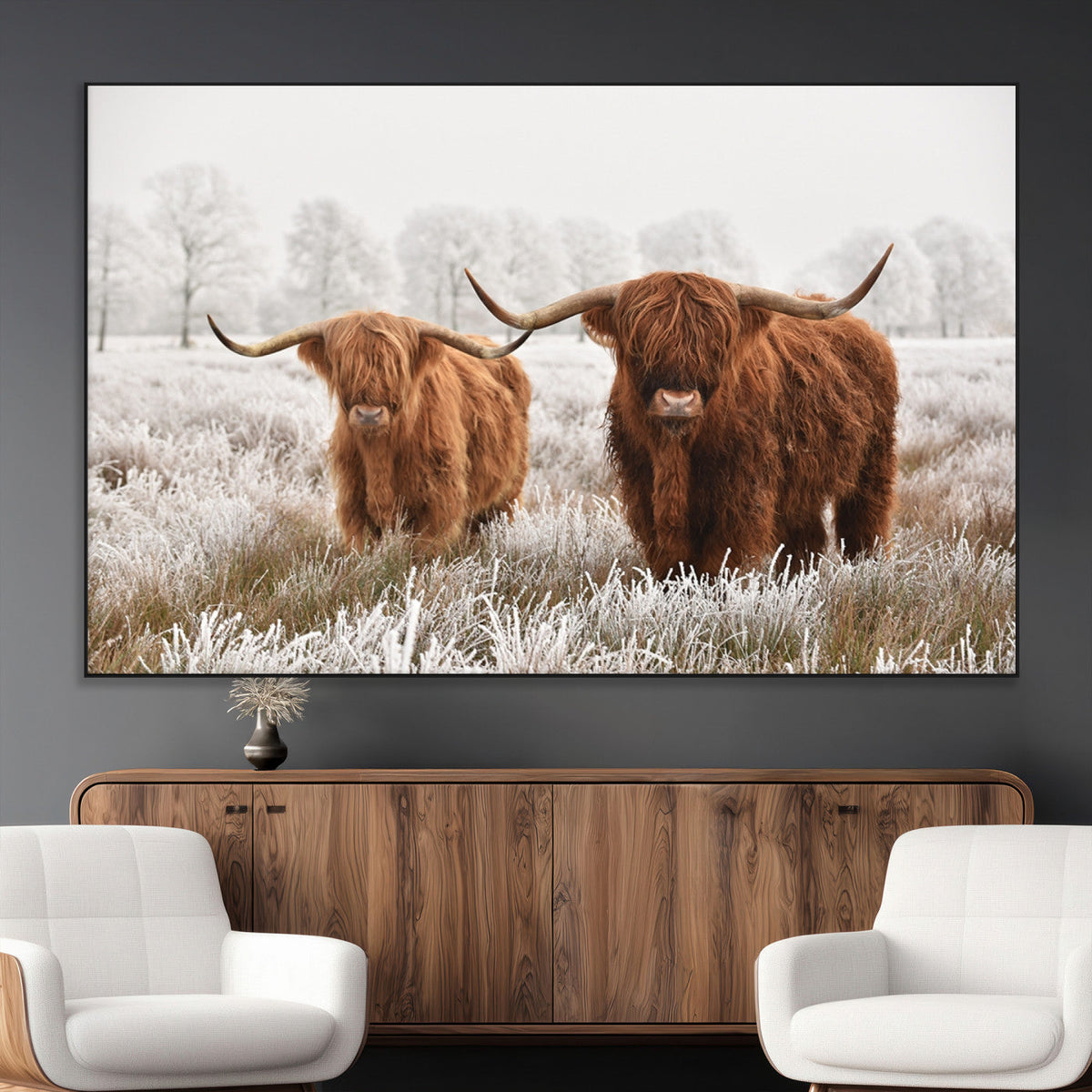 Longhorn Cattle Wall Art Canvas Print, Framed Farmhouse