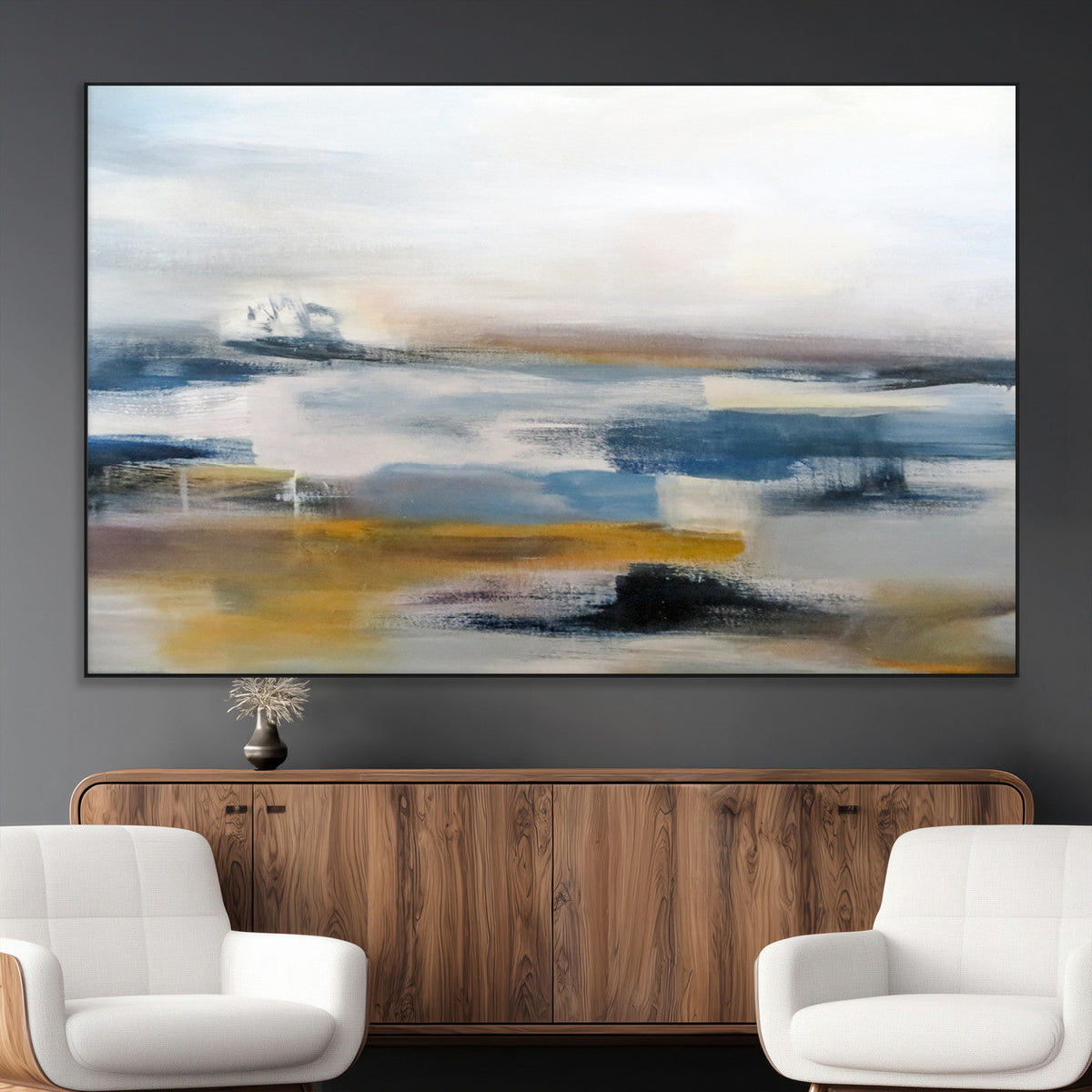 Abstract Landscape Wall Art Canvas | 3 Panel Modern Blue,