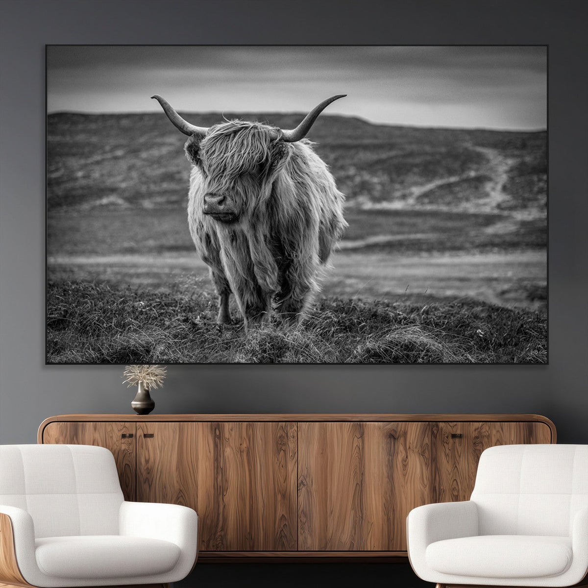 Fluffy Cattle Wall Art Print, Highland Cow Canvas, Framed