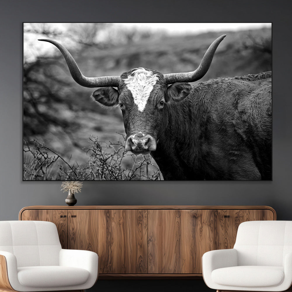 Western Home Wall Art Canvas Print, Framed Texas Longhorn