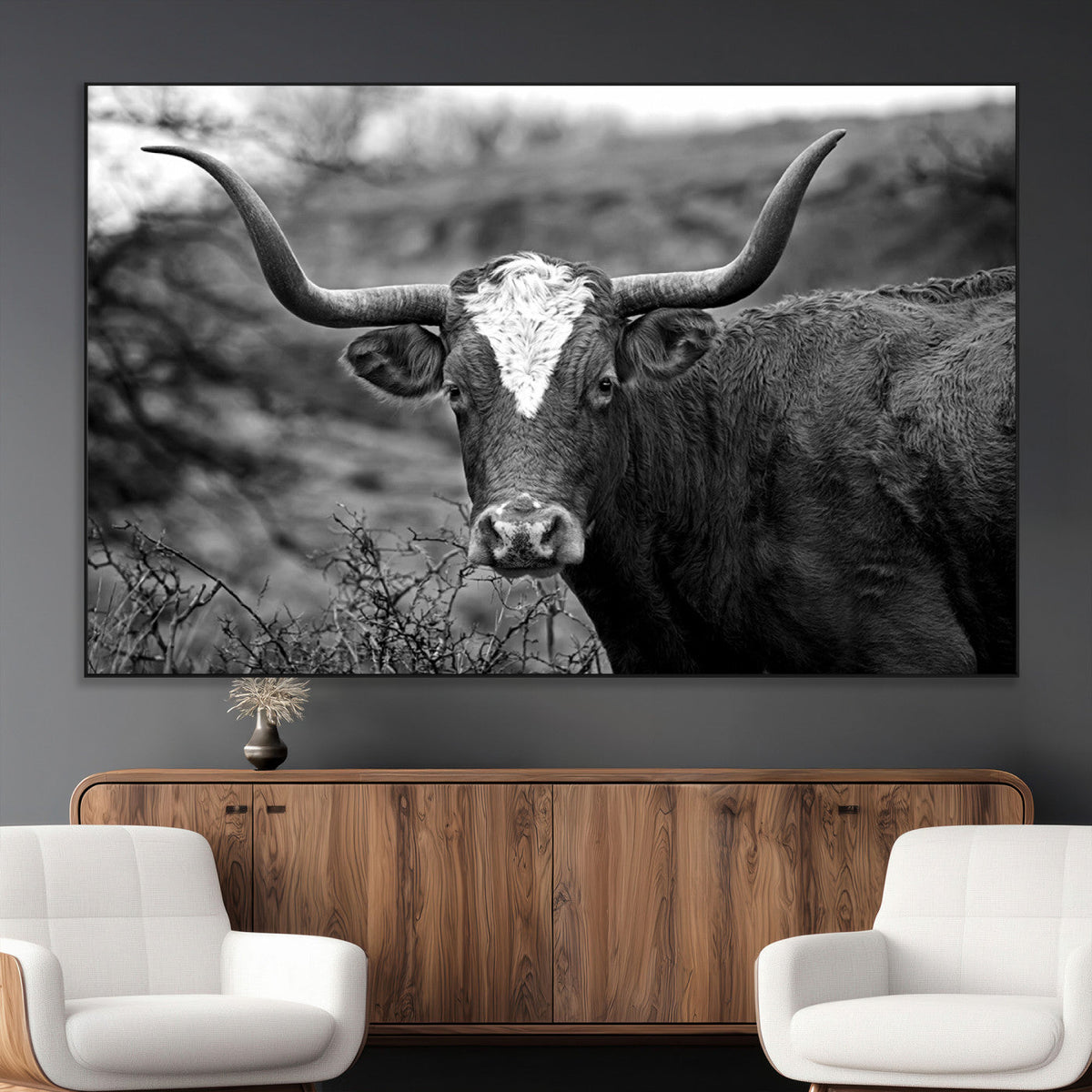 Western Home Wall Art Canvas Print, Framed Texas Longhorn