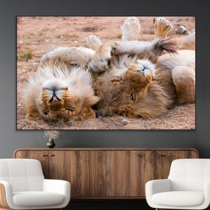 Lion Pair Wall Art Canvas Print – Framed Wildlife Scene with