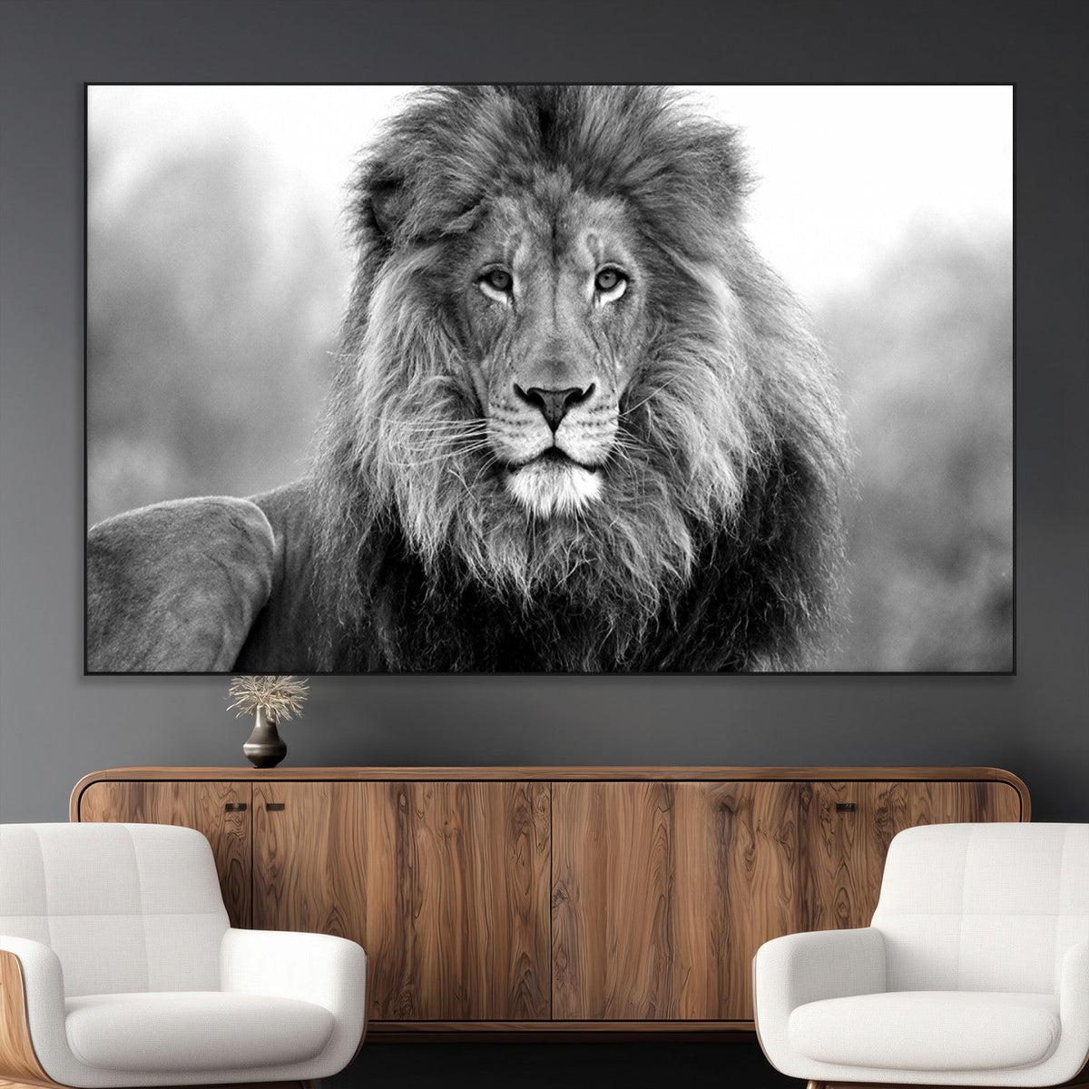 Black and White Lion Canvas Wall Art – Animal Print Artwork