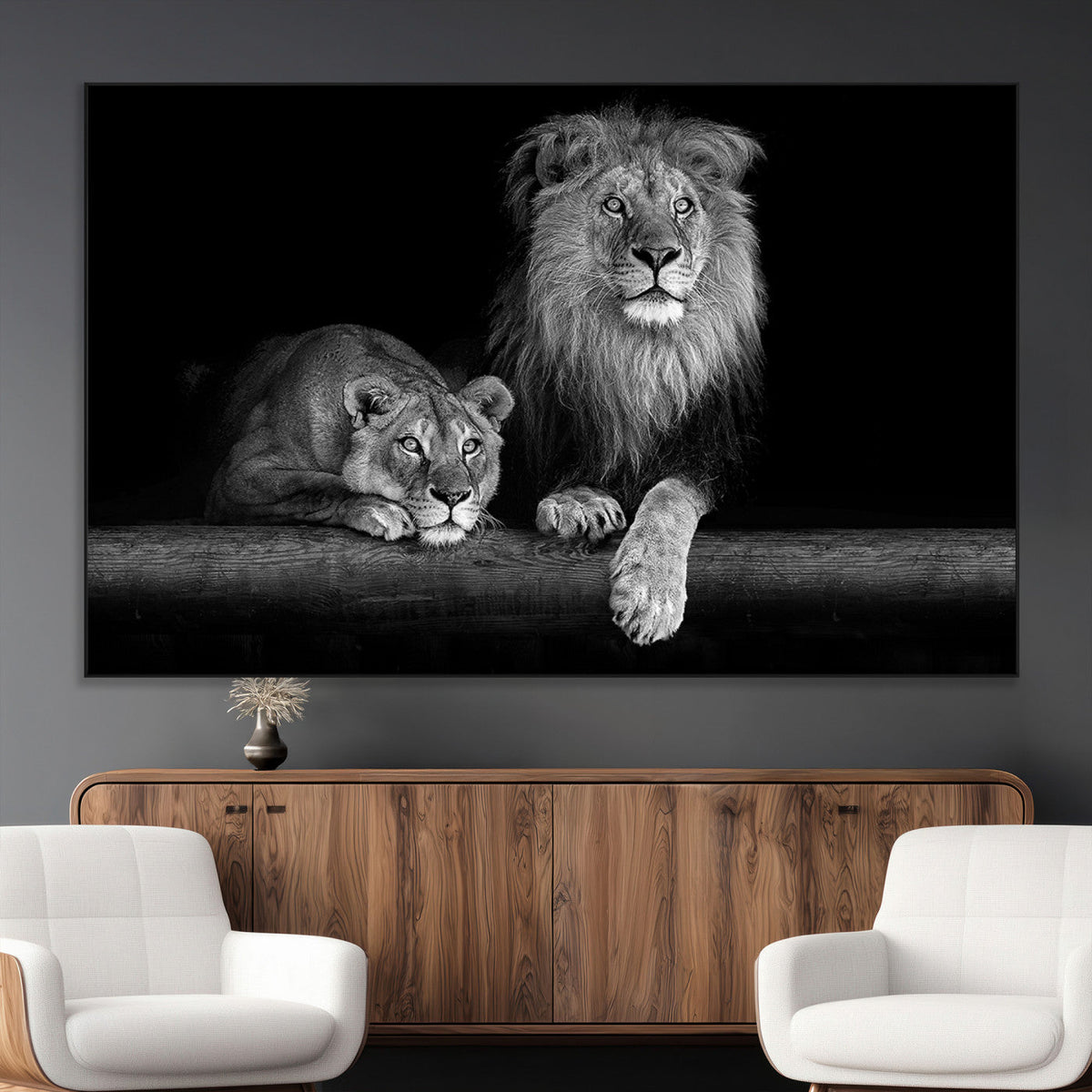 Large Black and White Lion Couple Wall Art Canvas Print –