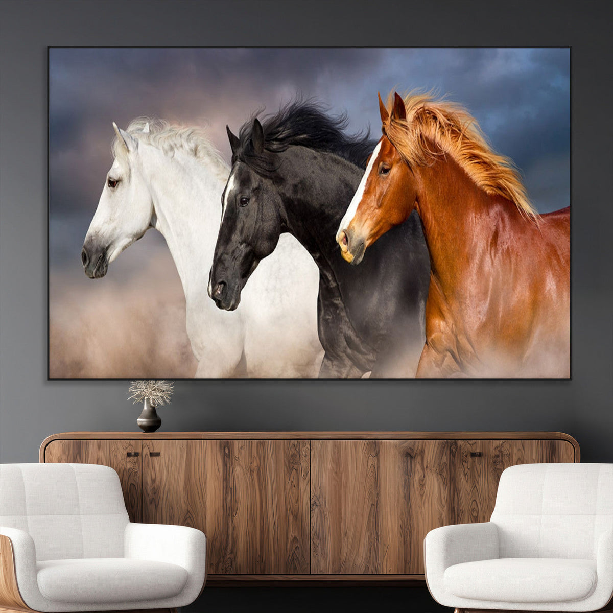 Animal Wall Art Three Horses Farmhouse Art Canvas, Framed