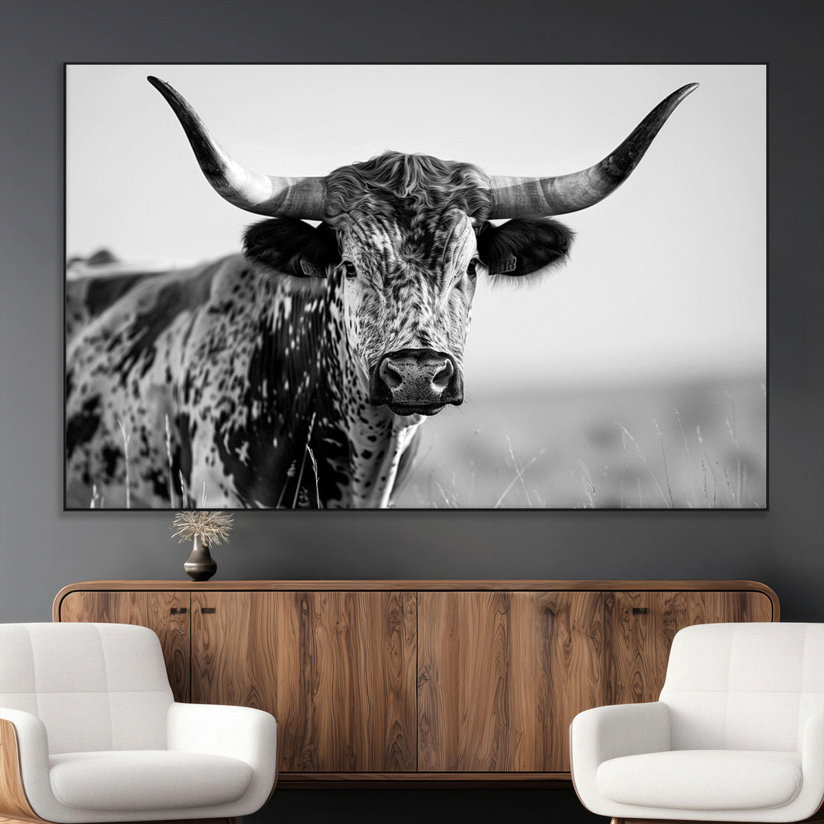 Texas Highland Cow Longhorn Canvas Print - Rustic Farmhouse