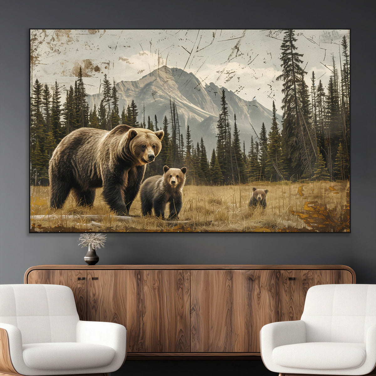 Rustic Grizzly 399 Bear Family Wall Art Canvas Print