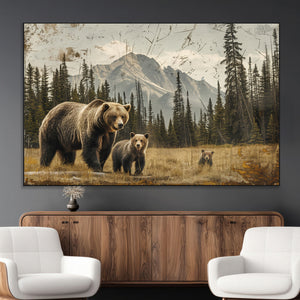 Rustic Grizzly 399 Bear Family Wall Art Canvas Print