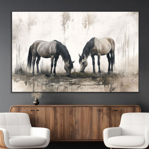 Chines Ink Style Vintage Horses Wall Art Canvas Print for