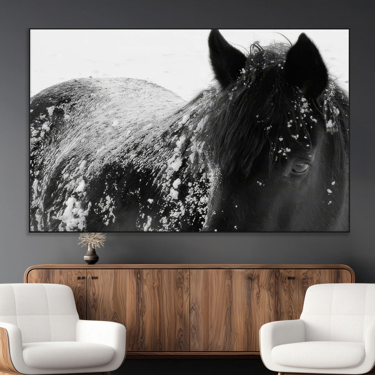 Black Horse in Snow Canvas Print | Winter Horse Wall Art |
