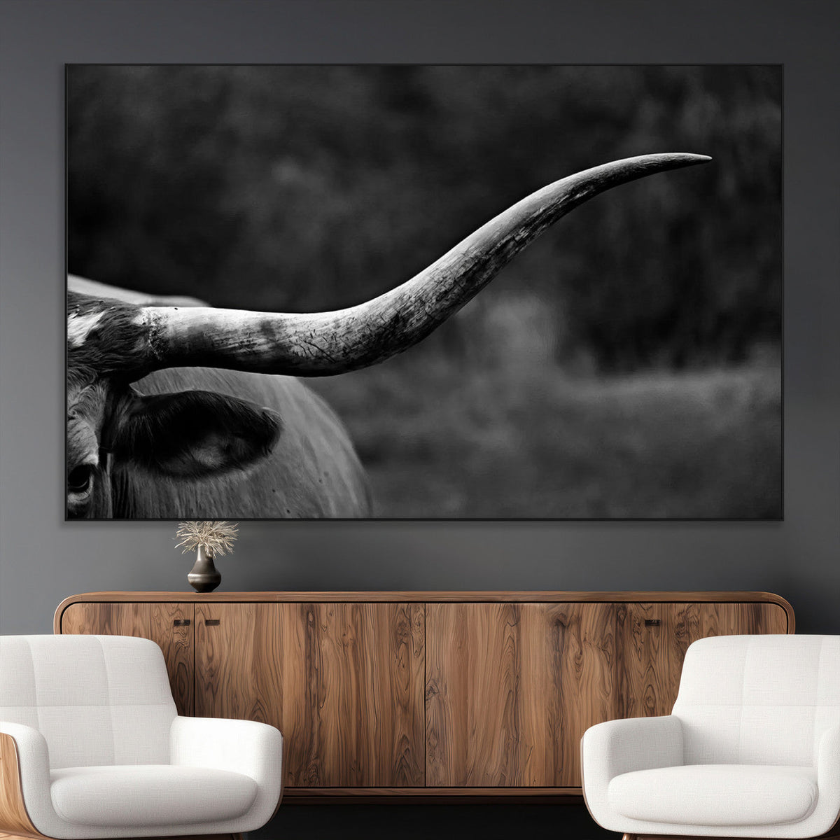 Cow Longhorn Wall Art | Black and White Print | Ready to