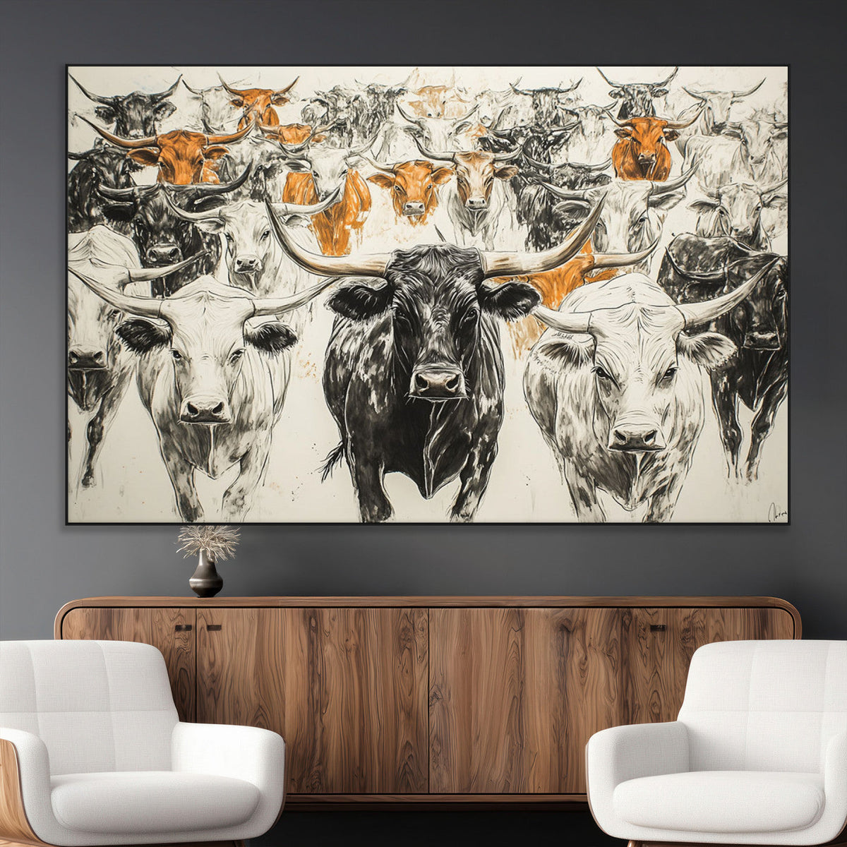 Farmhouse Wall Art | Western Longhorn Cattle Canvas Print |
