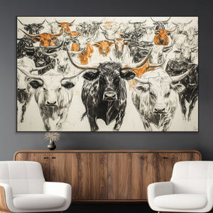 Farmhouse Wall Art | Western Longhorn Cattle Canvas Print |