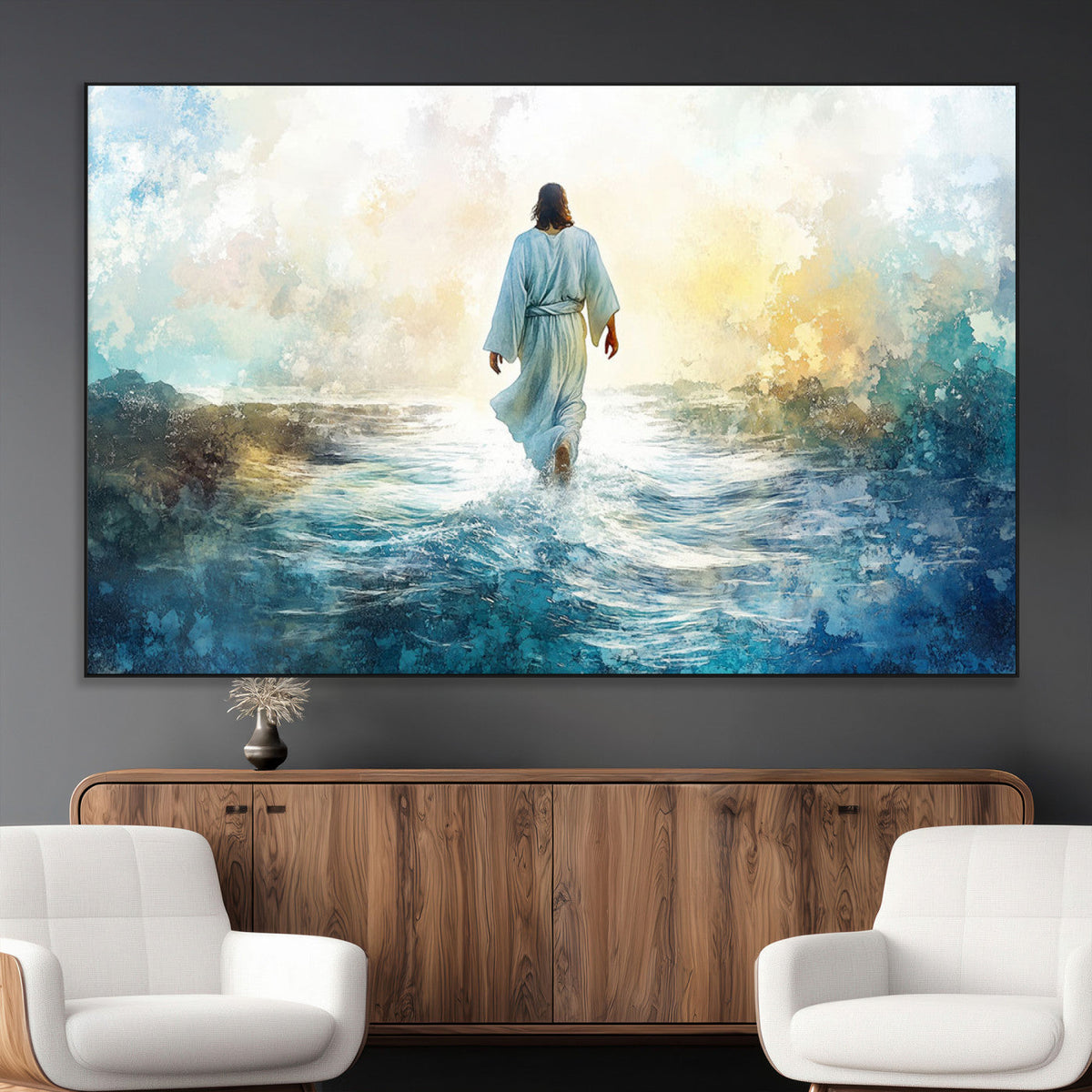 Watercolor Jesus Walking on Water Canvas Print, Christian