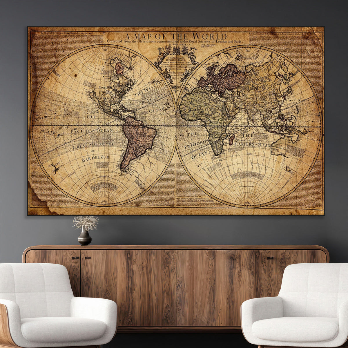 Vintage World Map Wall Art Canvas – Antique Style Push Pin
